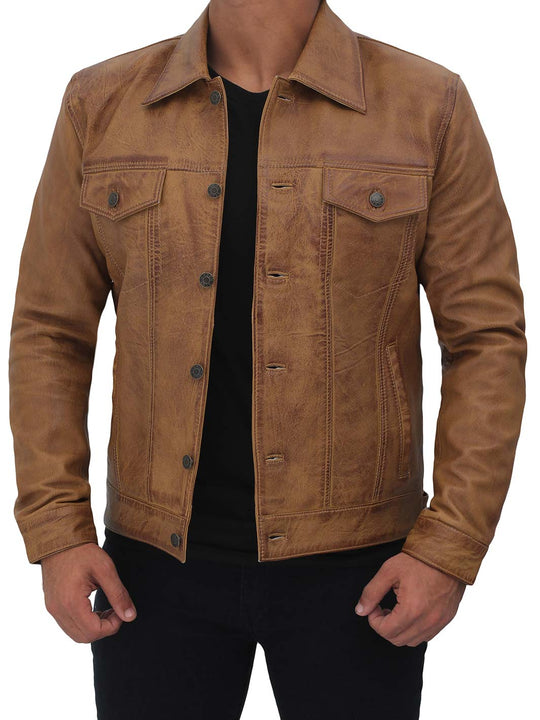 Mens Tan Fernando Trucker Leather Jacket