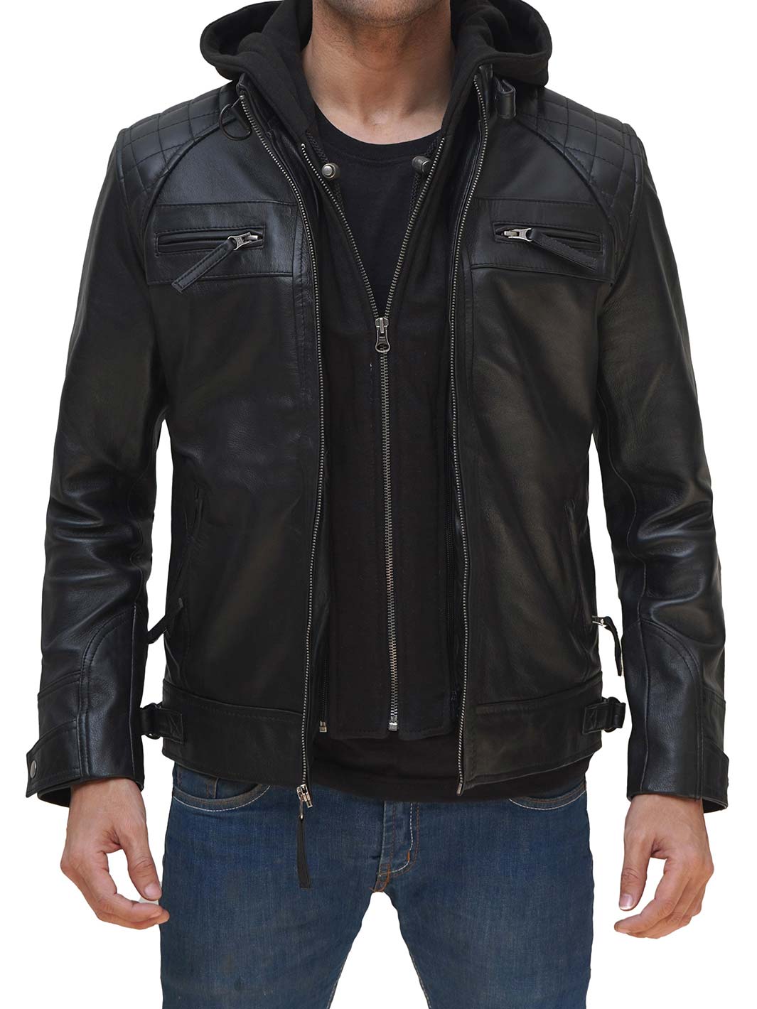 Mens Black Leather Jacket with Removable Hood