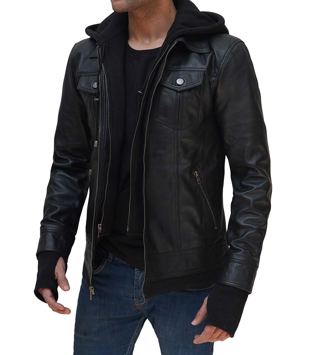 Mens Lather Jacket with hood