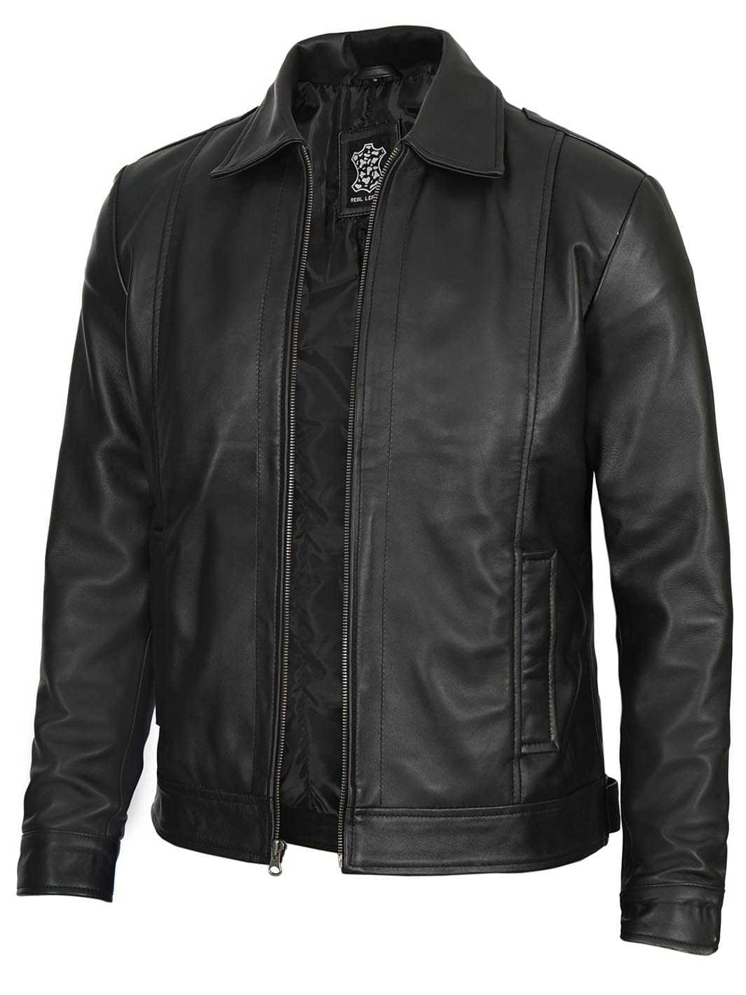thumbnail image 2 of Cafe Racer Jacket Decrum Men's Cowhide Leather Jacket - Casual Cafe Racer Style Brown Leather Jacket Ww1 Commemorative Coin 2 of 13