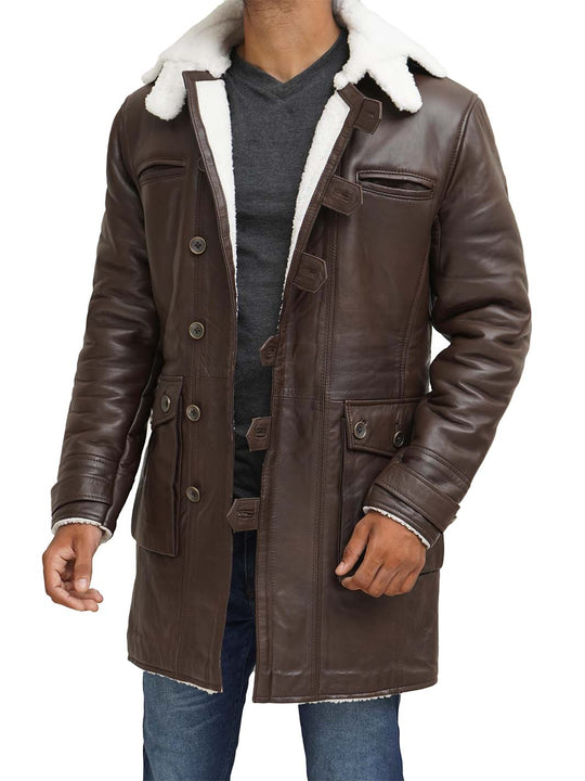 Mens Bane Dark Brown Sherpa Leather Coat