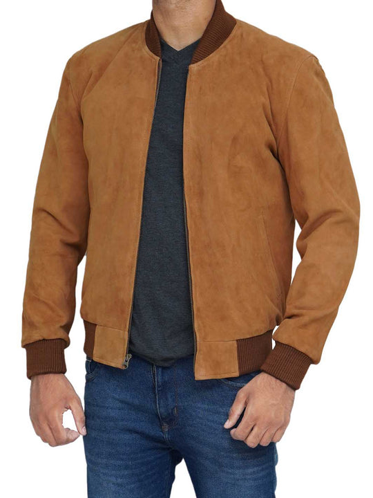 Mens Tan Suede Bomber Leather Jacket