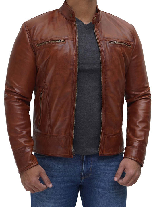 Mens Triple Stitched Tan Fitted Leather Jackets