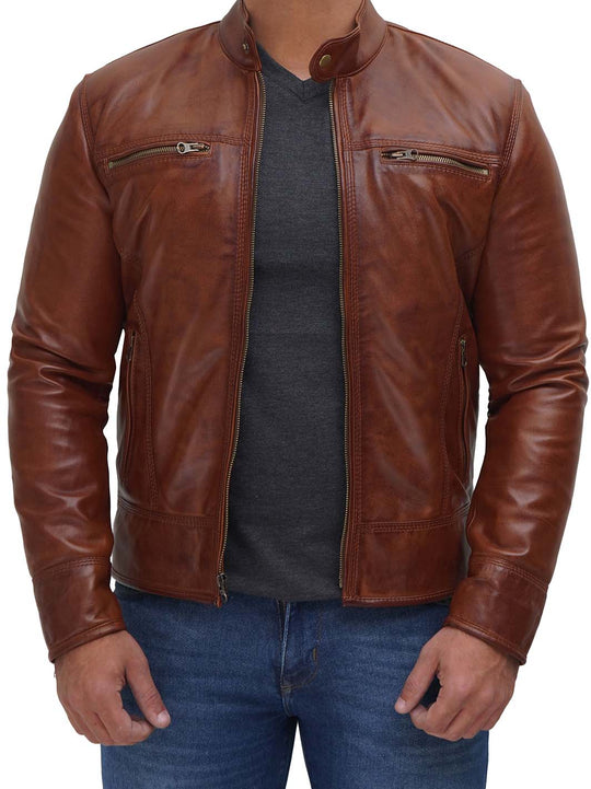 Mens Triple Stitched Tan Fitted Leather Jacket