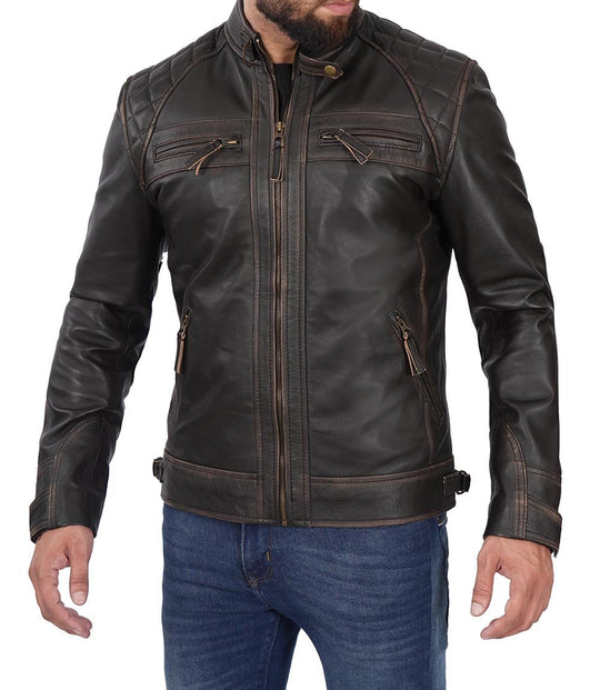 Mens brown leather motorcycle jacket