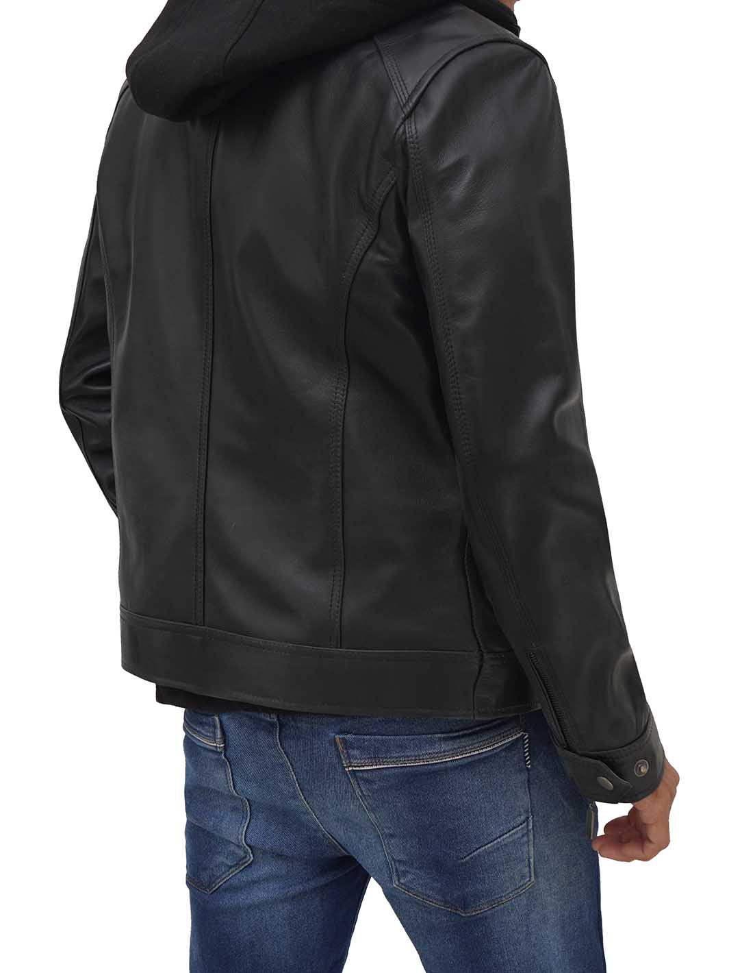 Mens Black Biker Leather Jacket with Hood