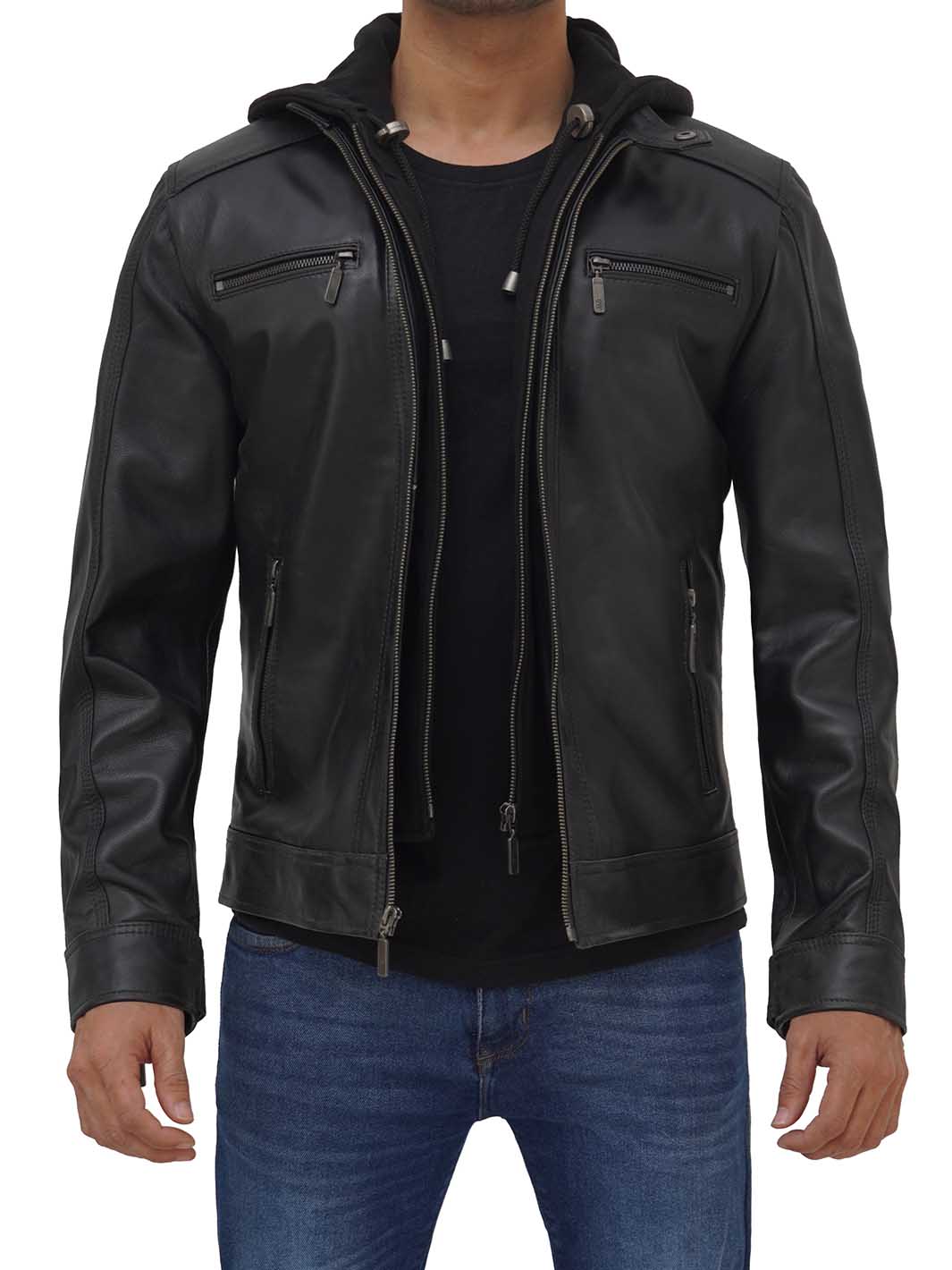 Mens Black Leather Jacket with hood