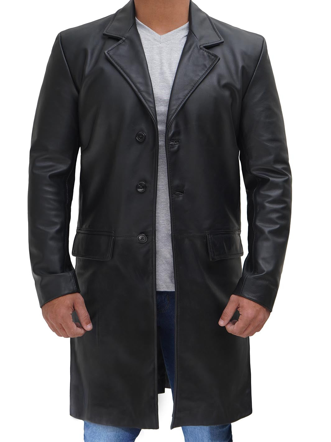 Men's Long Black Real Leather Trench Coat - Walking Coat – Decrum