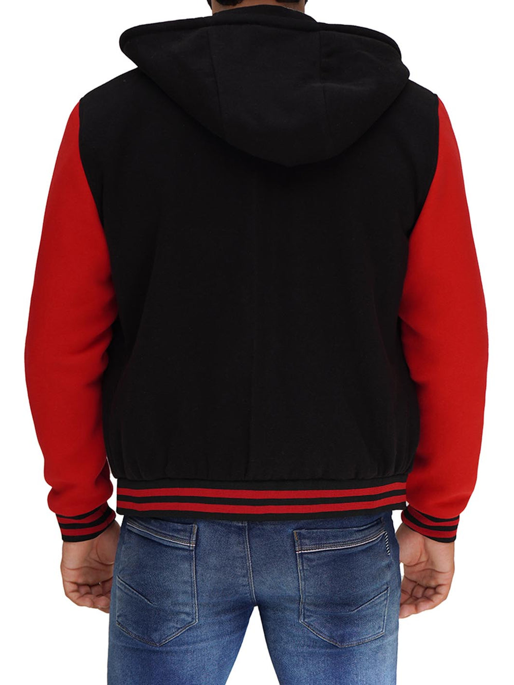 Men's Red and Black Hooded Lettermen Jacket