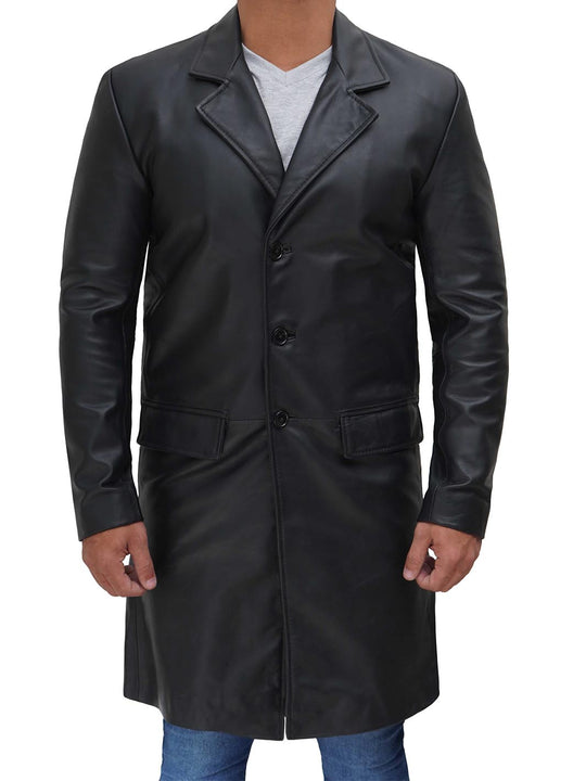 Men's Long Black Real Leather Trench Coat - Classic Walking Coat