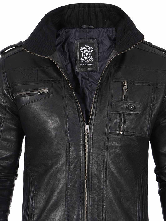 Mens Black Waxed Cafe Racer Leather Jacket