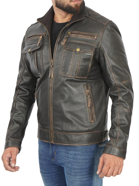 Men's Dark Brown Motorcycle Leather Bomber Jacket – Decrum