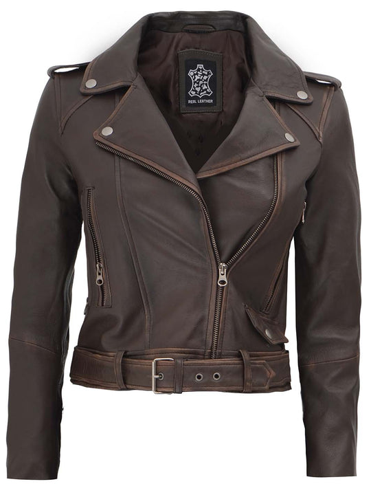 Nellie Dark Brown Cropped Leather Jacket Women