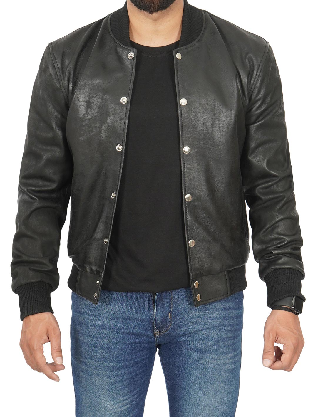 Mens Black Bomber Style Snuff Leather Jacket