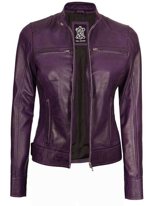 women purple leather jacket