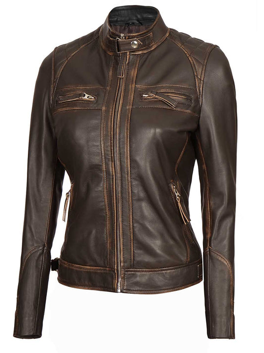 Rub Off Brown Leather Jacket For Women