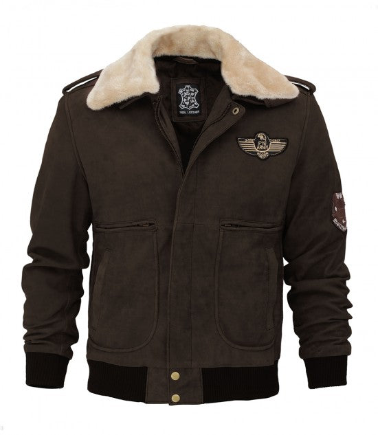 Mens Brown Leather Bomber Jacket with Removable Fur Collar