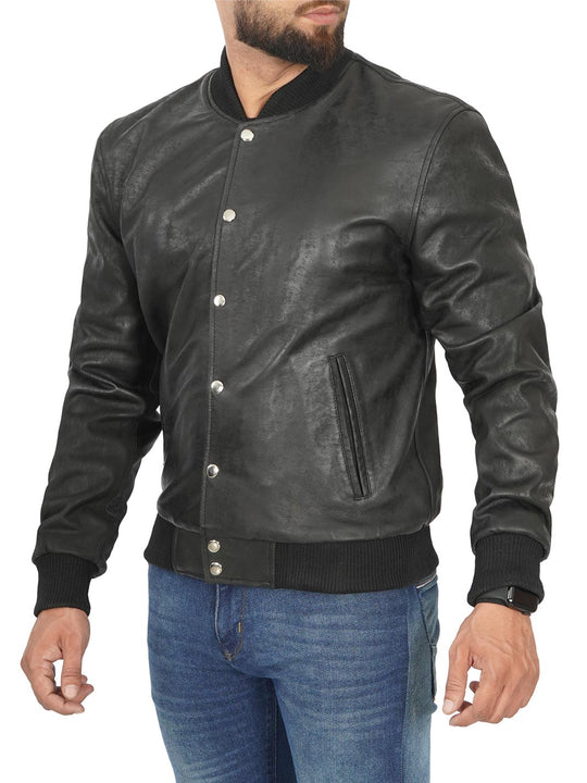 Black Bomber Snuff Leather Jacket For Mens