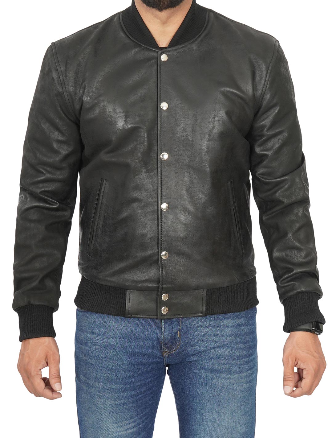 Mens Black Bomber Style Snuff Leather Jacket