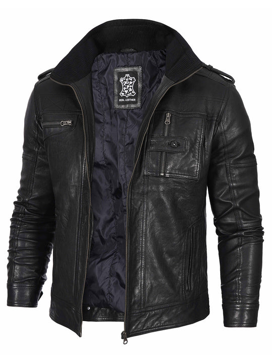 Black Cafe Racer Leather Jacket For Men