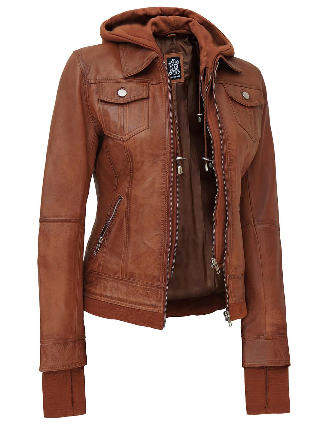 Brown Leather Jacket Women With Hood