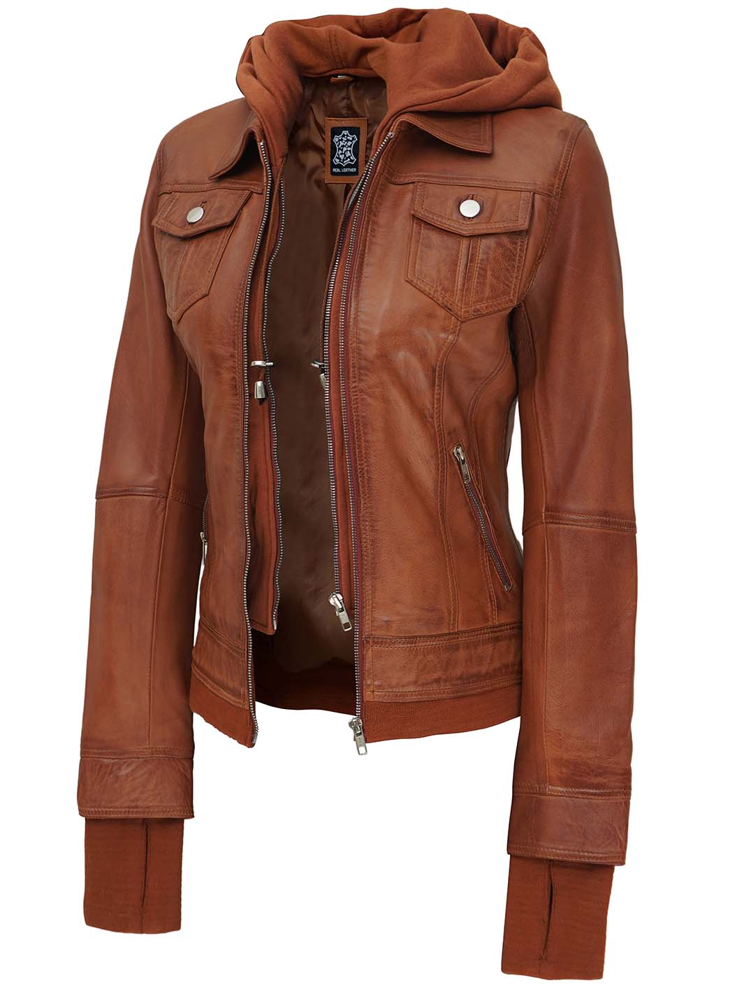 TraTan Wax Bomber Leather Jacket With Hood For Women