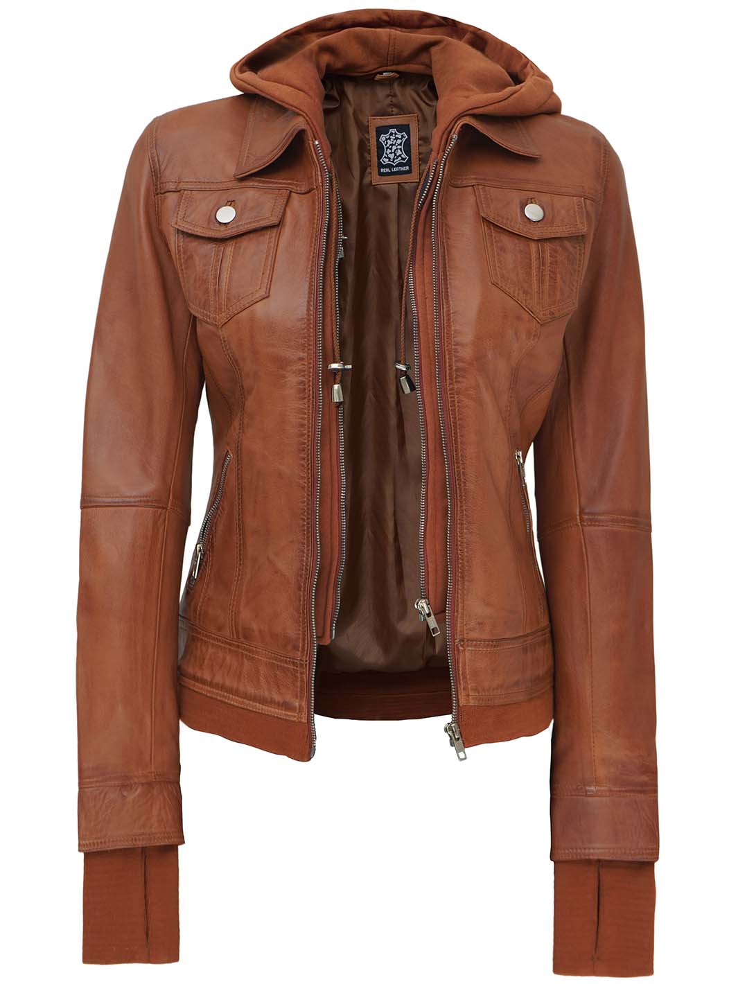 Tralee Womens Tan Wax Bomber Leather Jacket With Hood
