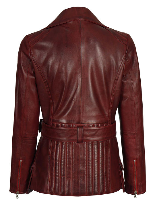 Victoria Women's Maroon Asymmetrical Leather Biker Jacket
