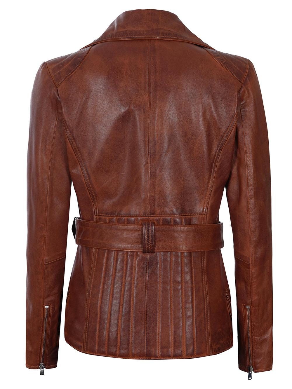Cognac Wax Belted Leather Biker Jacket Womens