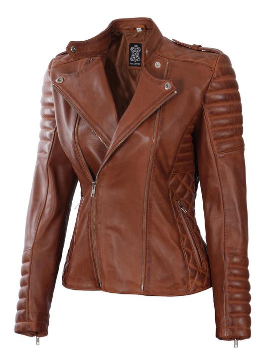 Cognac Wax Asymmetrical Women Quilted Leather Jacket