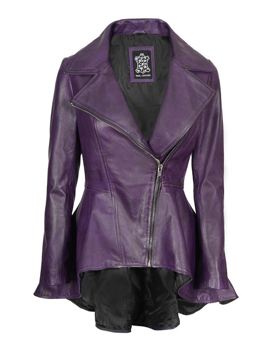Women's Purple Asymmetrical Peplum Leather Jacket | Limited Stock – Decrum