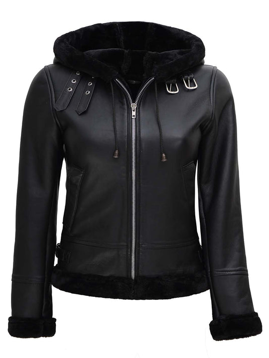 Womens Black Shearling Hooded leather Jacket