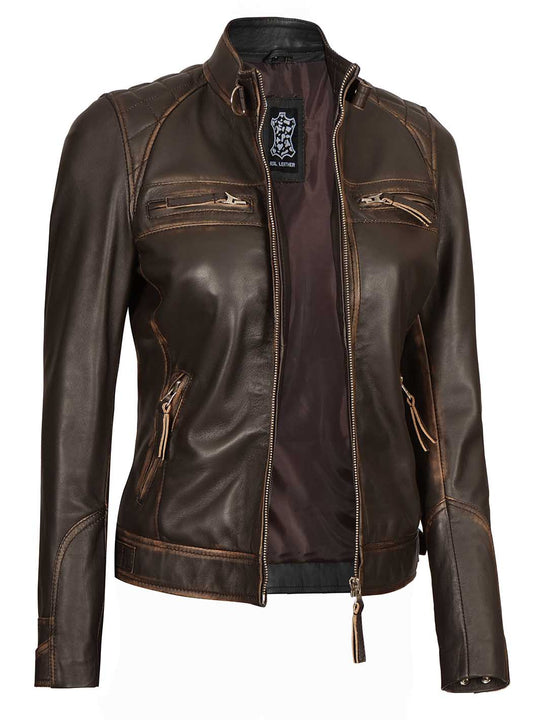 Women Rub Off Brown Leather Jacket
