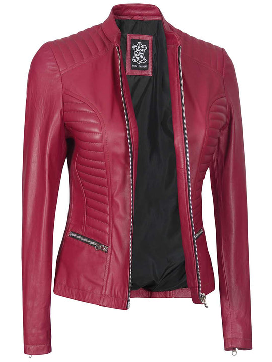 Womens Pink Cafe Racer Leather Jacket