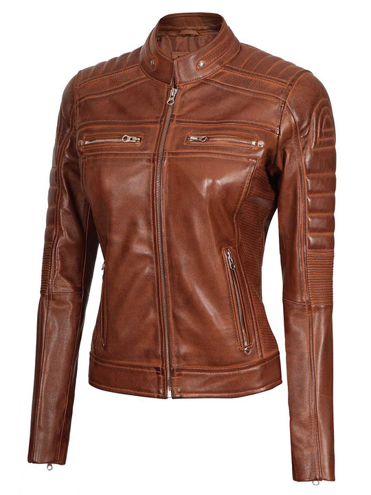 Cognac Wax Leather Jacket for Women