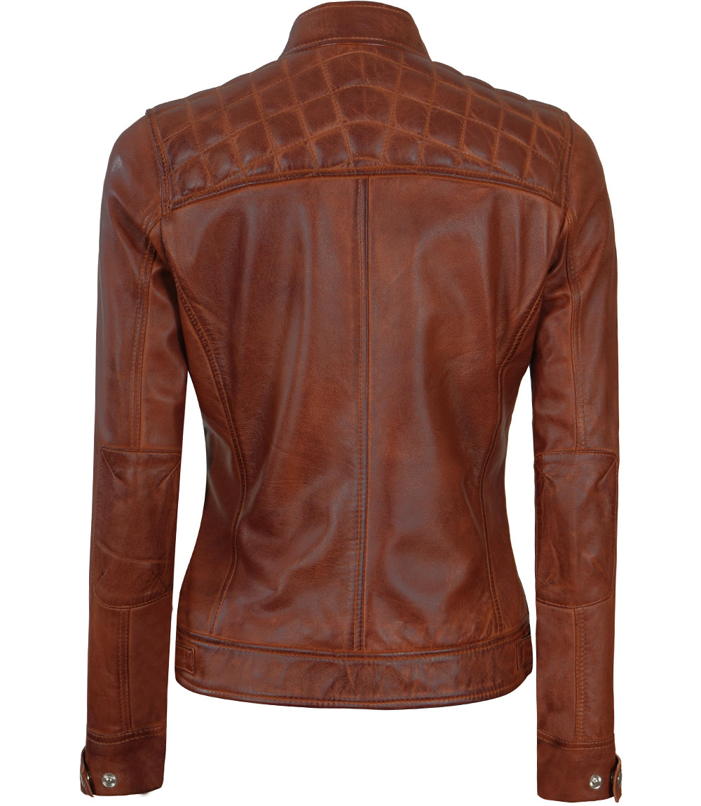 Women Quilted Cafe Racer Leather Jacket