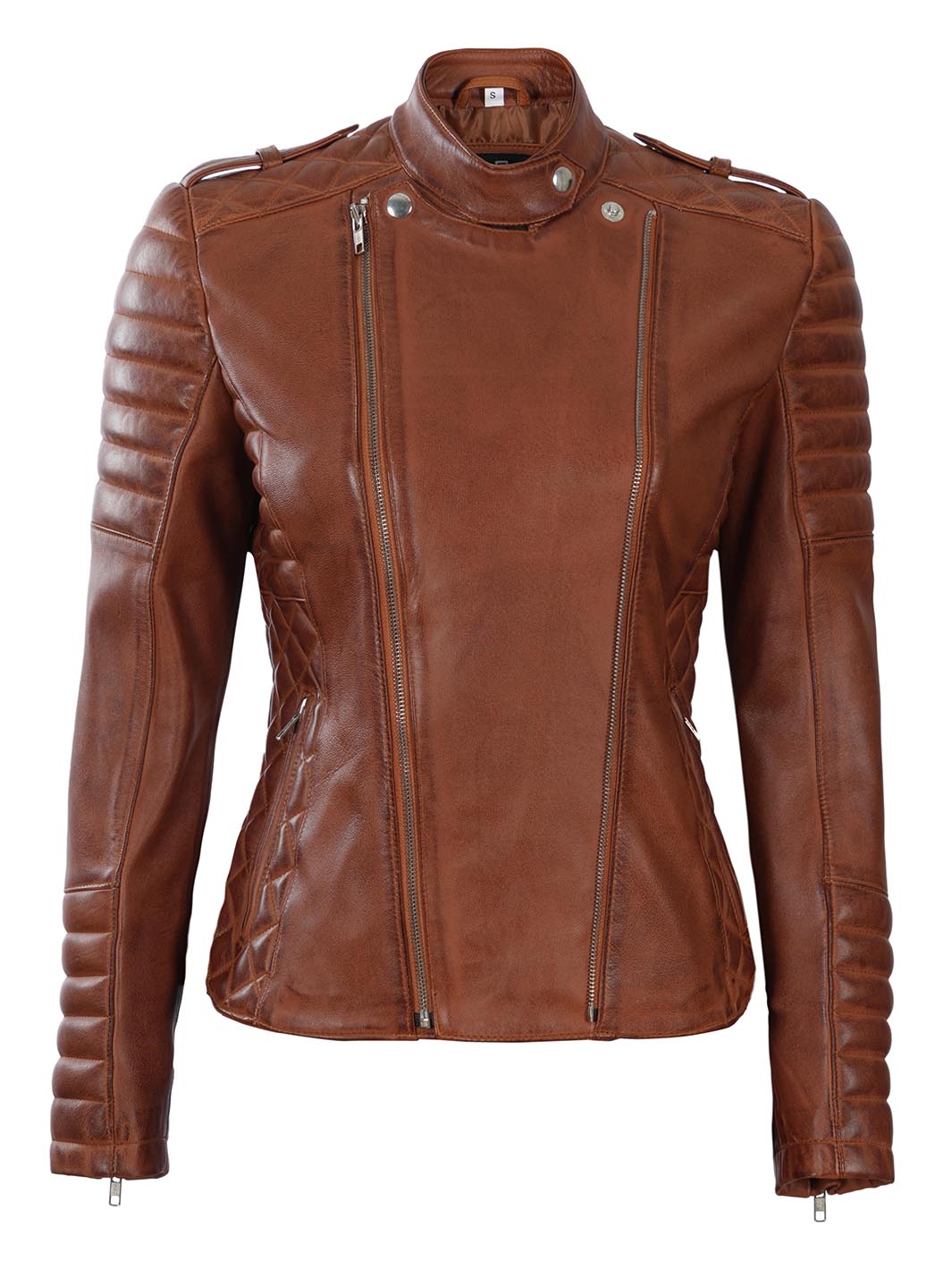 Women Cognac Wax Asymmetrical Quilted Leather Jacket