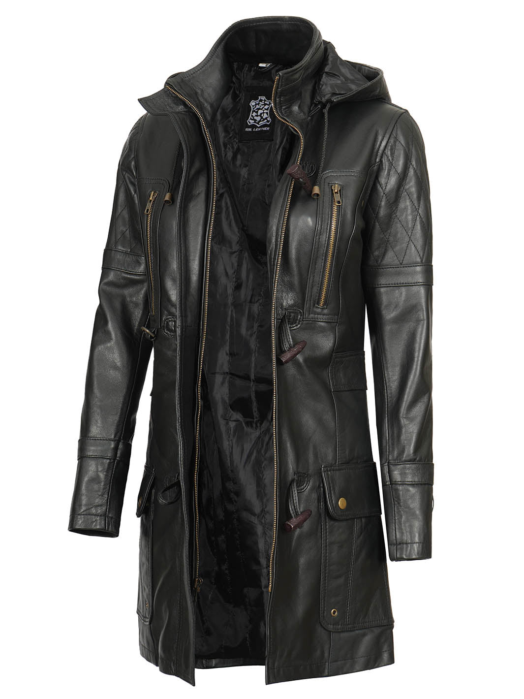 Womens Real Leather Black hooded Coat