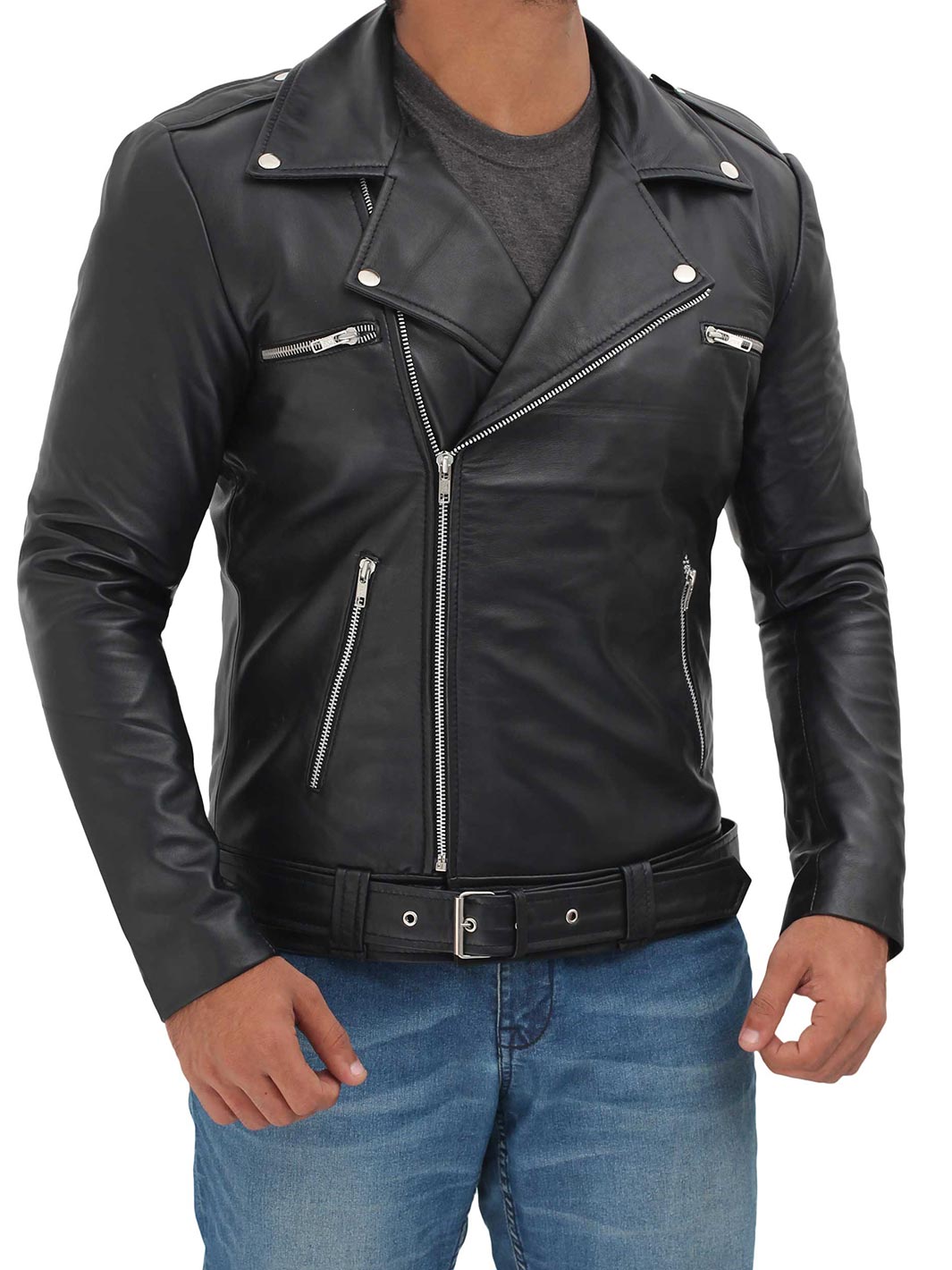Negan Men's Black Biker Asymmetrical Leather Jacket
