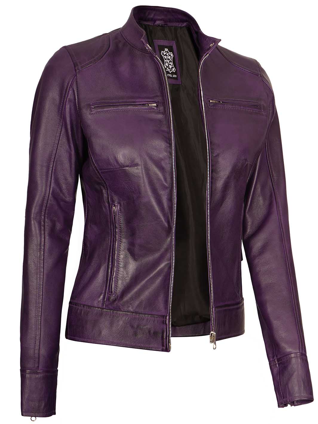 purple leather jacket for women