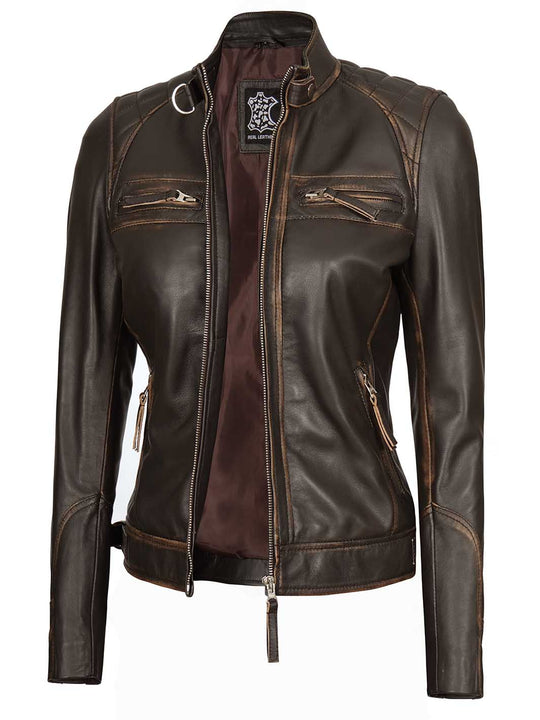 Rub Off Brown Leather Jacket For Women