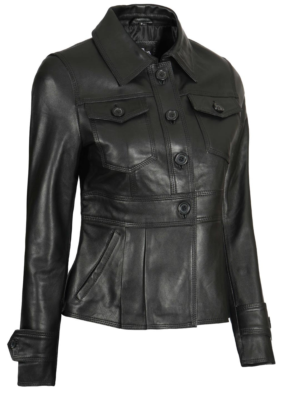 Womens Black Button Closure Real Lambskin Leather Jacket