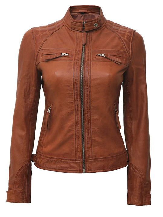 Women Tan Quilted Biker Leather Jacket