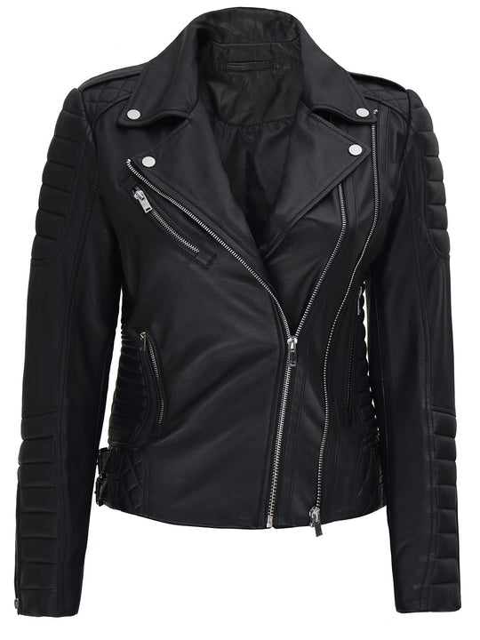 Women quilted black moto leather jacket