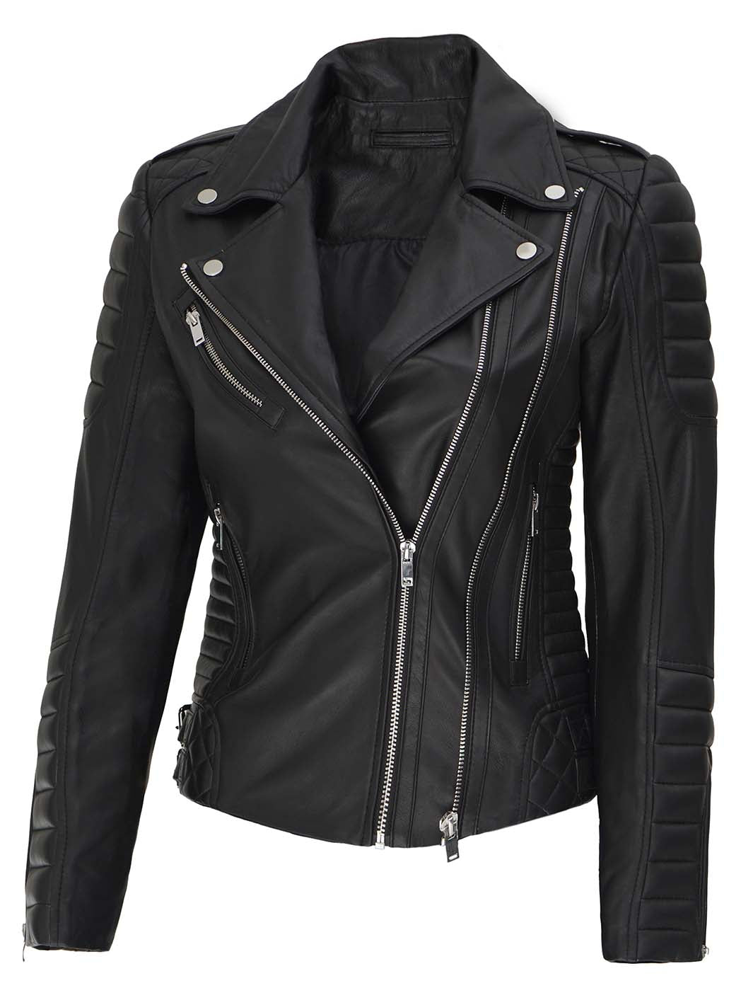 alt="Women quilted black moto leather jacket"