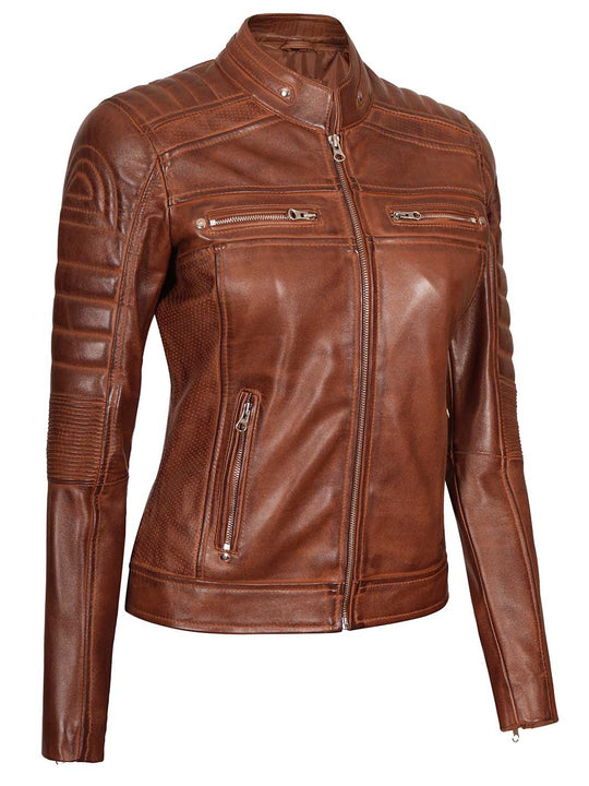Cognac cafe racer Leather Jacket for Women