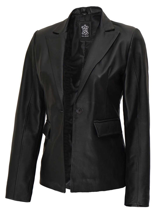 Judy Womens Long Black Leather Blazer