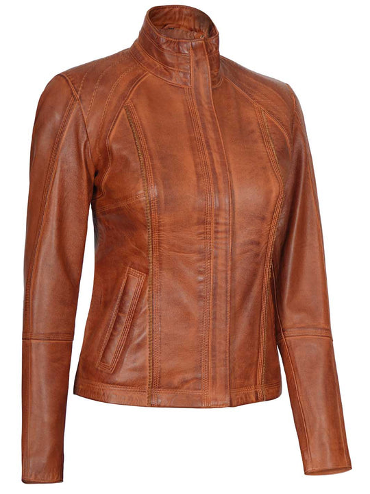 Womens Biker Cognac Leather Jacket