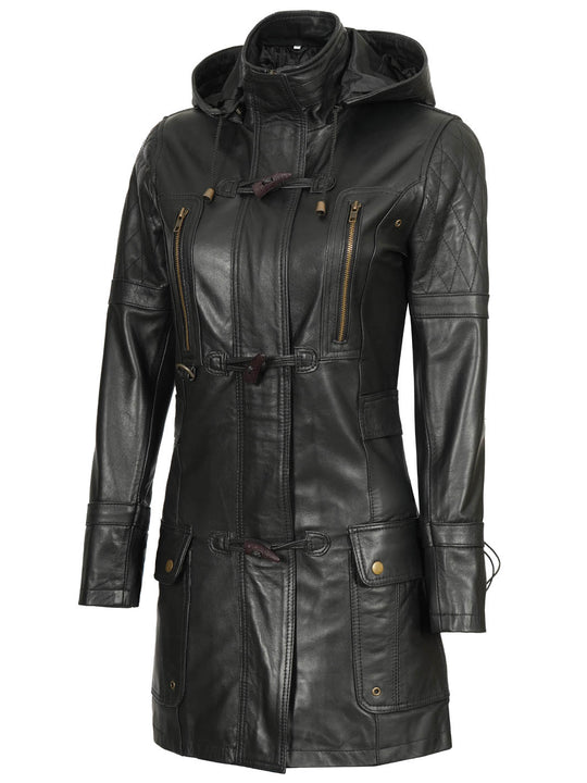 Womens Black Leather Coat With Hood