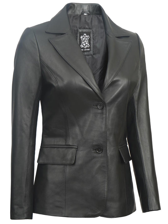 Womens two button real leather blazer 